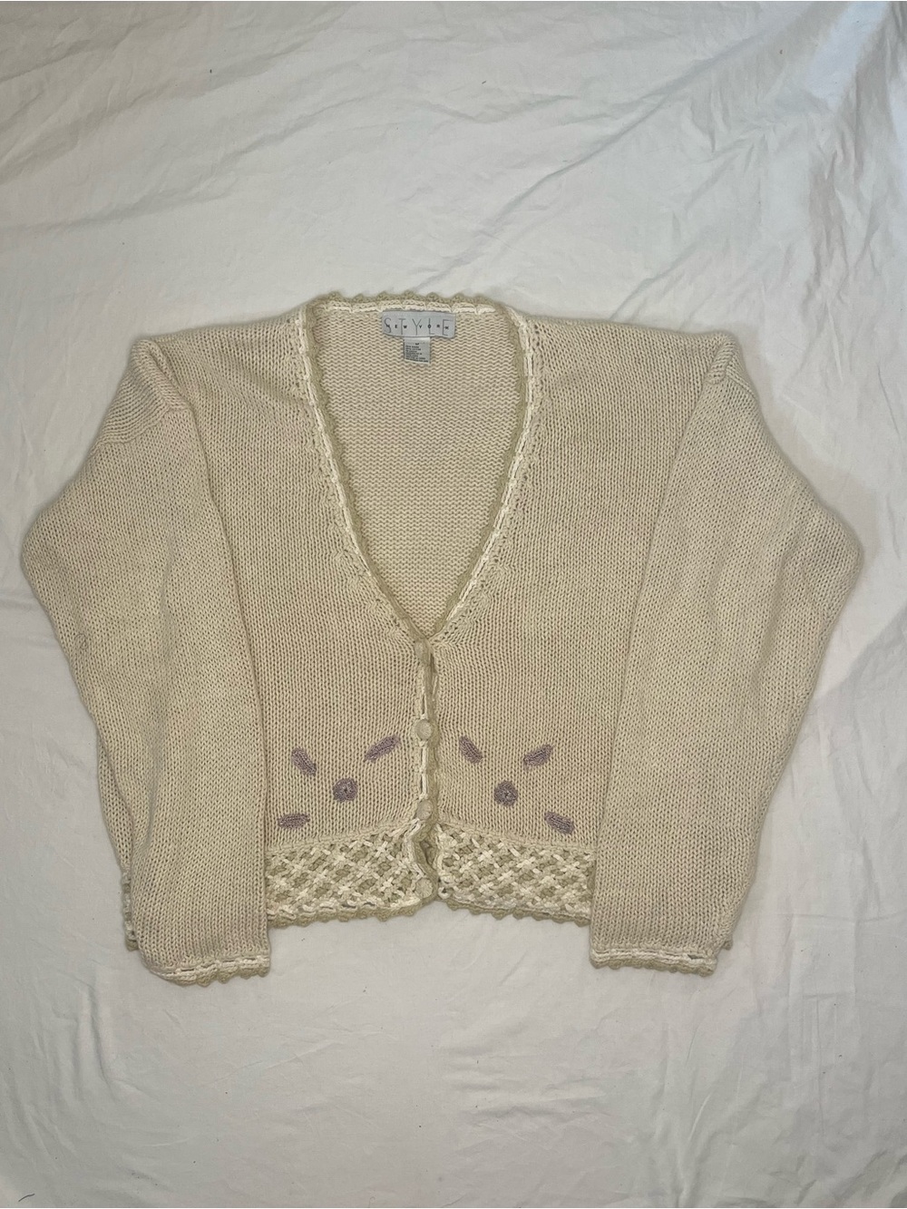 Cropped Cream V-Neck Knit Cardigan with Crochet Trim